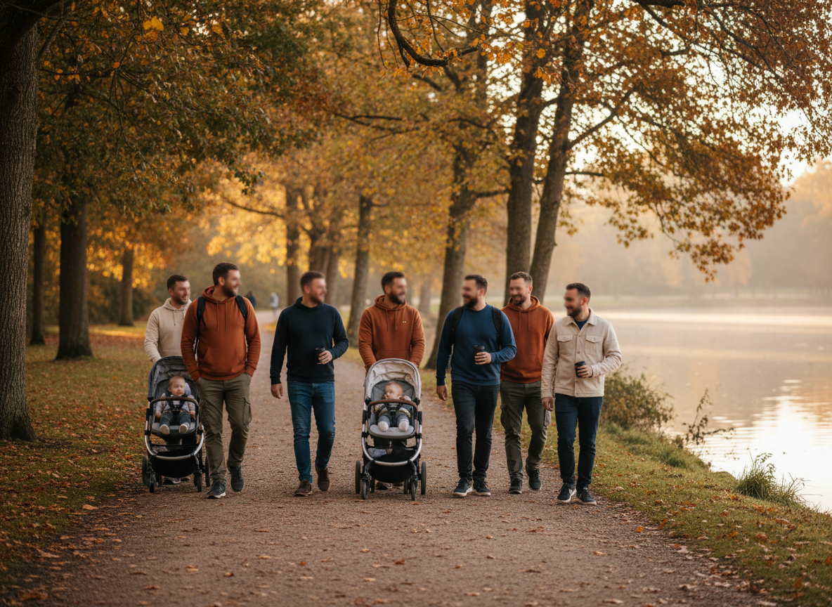 Dads walking together along a lakeside path at Willen Lake