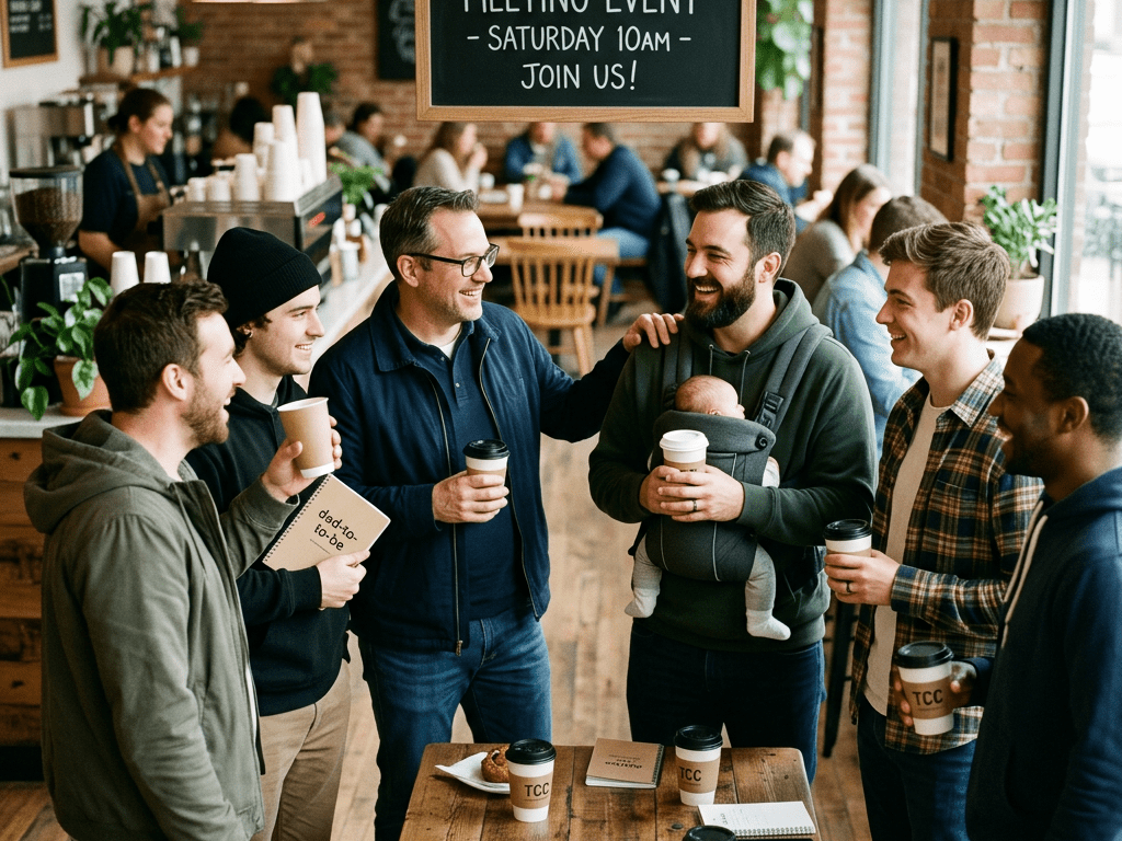 Fathers chatting over coffee beneath a sign announcing Saturday dads meeting